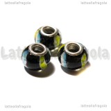 Perla in Lampwork Nero righe gialle e azzurre foro largo 13x8mm