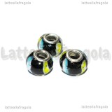 Perla in Lampwork Nero righe gialle e azzurre foro largo 13x8mm