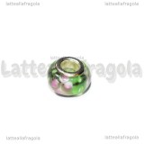 Perla in Lampwork Fiori Rosa sfondo verde foro largo 13x8mm