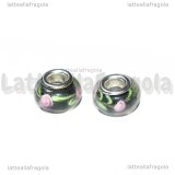 Perla in Lampwork con Rose sfondo nero foro largo 14x10mm