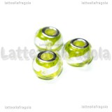 Perla in Lampwork Verde ghirigori argento foro largo 15x10mm