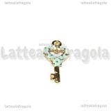 Charm Chiave in metallo dorato smaltato azzurro 23x11mm