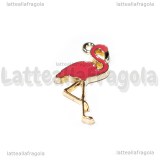 Ciondolo Fenicottero in metallo dorato smaltato rosa 26x14mm
