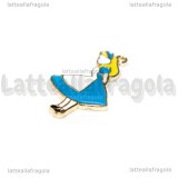 Ciondolo Alice in Wonderland in metallo smaltato argentato azzurro 32x19mm