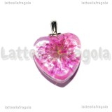 Ciondolo Cuore in vetro con Fiori Fucsia 28x20mm
