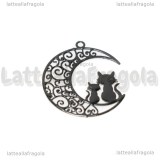 Ciondolo Filigrana Gatti su Luna in ottone smaltato nero 25x20mm