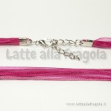 Collana in organza e cotone cerato fucsia 43cm con catena di allungamento toni argentati