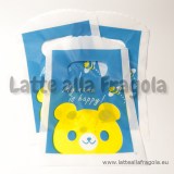 Busta in plastica con manico fantasia My name is Happy in azzurro e giallo 15x9cm