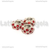 Rondella foro largo puntinata strass rossi in metallo argentato 11x5mm