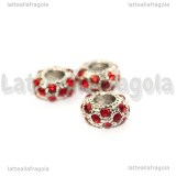 Rondella foro largo puntinata strass rossi in metallo argentato 11x5mm