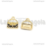 Charm Borsa in metallo dorato smaltato Nero con strass 16x13mm