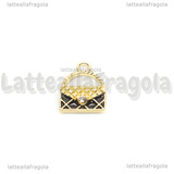Charm Borsa in metallo dorato smaltato Nero con strass 16x13mm