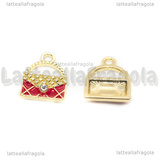 Charm Borsa in metallo dorato smaltato Rosso con strass 16x13mm