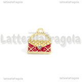 Charm Borsa in metallo dorato smaltato Rosso con strass 16x13mm