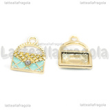 Charm Borsa in metallo dorato smaltato Azzurro con strass 16x13mm