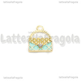 Charm Borsa in metallo dorato smaltato Azzurro con strass 16x13mm