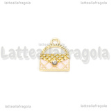 Charm Borsa in metallo dorato smaltato Rosa con strass 16x13mm