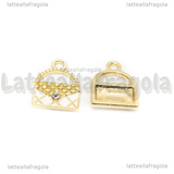 Charm Borsa in metallo dorato smaltato Bianco con strass 16x13mm