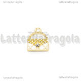 Charm Borsa in metallo dorato smaltato Bianco con strass 16x13mm
