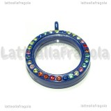 Ciondolo Apribile Tondo in metallo smaltato blu strass multicolor 29mm