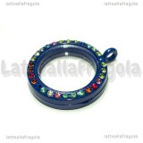 Ciondolo Apribile Tondo in metallo smaltato blu strass multicolor 29mm
