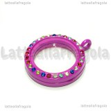 Ciondolo Apribile Tondo in metallo smaltato fucsia strass multicolor 29mm