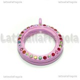Ciondolo Apribile Tondo in metallo smaltato rosa strass multicolor 29mm