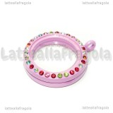 Ciondolo Apribile Tondo in metallo smaltato rosa strass multicolor 29mm