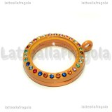 Ciondolo Apribile Tondo in metallo smaltato arancio strass multicolor 29mm