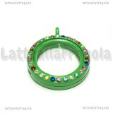 Ciondolo Apribile Tondo in metallo smaltato verde strass multicolor 29mm