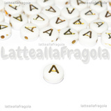 10 Perle a gettone lettera A in acrilico bianco con lettere oro 7x3.5mm