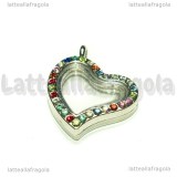 Ciondolo Apribile Cuore in metallo argentato strass multicolor 34x29mm