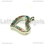 Ciondolo Apribile Cuore in metallo argentato strass multicolor 34x29mm