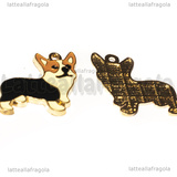 Ciondolo Cane Corgi in metallo smaltato dorato 23x23mm