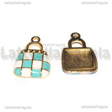 Charm Borsa in metallo dorato smaltato bianco azzurro 21x13.5mm
