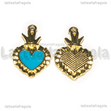 Ciondolo Cuore Sacro Ex Voto in metallo dorato smaltato Azzurro 27x15mm