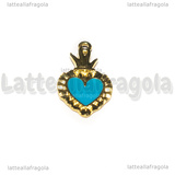 Ciondolo Cuore Sacro Ex Voto in metallo dorato smaltato Azzurro 27x15mm