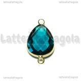 Connettore Goccia  in ottone dorato e vetro sfaccettato blu pavone 25x15mm