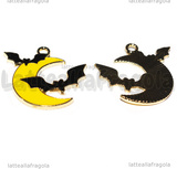 Ciondolo Luna e Pipistrelli in metallo dorato smaltato 25x24mm