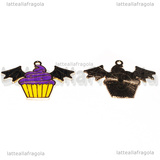 Ciondolo Cupcake Ali Pipistrello in metallo smaltato dorato 30x22mm
