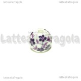 Perla in ceramica bianca con fiori viola 12mm