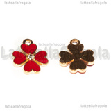 Ciondolo Quadrifoglio Rosso con Strass in metallo dorato smaltato 15.5x13mm
