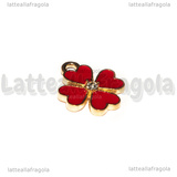 Ciondolo Quadrifoglio Rosso con Strass in metallo dorato smaltato 15.5x13mm