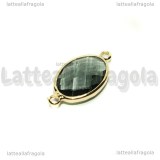 Connettore Ovale in ottone dorato e vetro sfaccettato blu di Prussia 25x14mm
