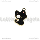 Ciondolo Gatto in metallo dorato smaltato nero macchia bianca 25x14mm
