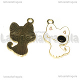 Ciondolo Gatto in metallo dorato smaltato bianco macchia nera 25x14mm