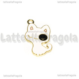 Ciondolo Gatto in metallo dorato smaltato bianco macchia nera 25x14mm