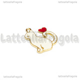 Ciondolo Gatto con cuore in metallo dorato smaltato bianco 25x20mm