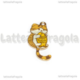 Ciondolo Gatto con Pesce in metallo dorato smaltato 32x16mm