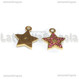 Ciondolo Stella in Acciaio Inox Dorato con pavè di strass rosa 15.5x13mm